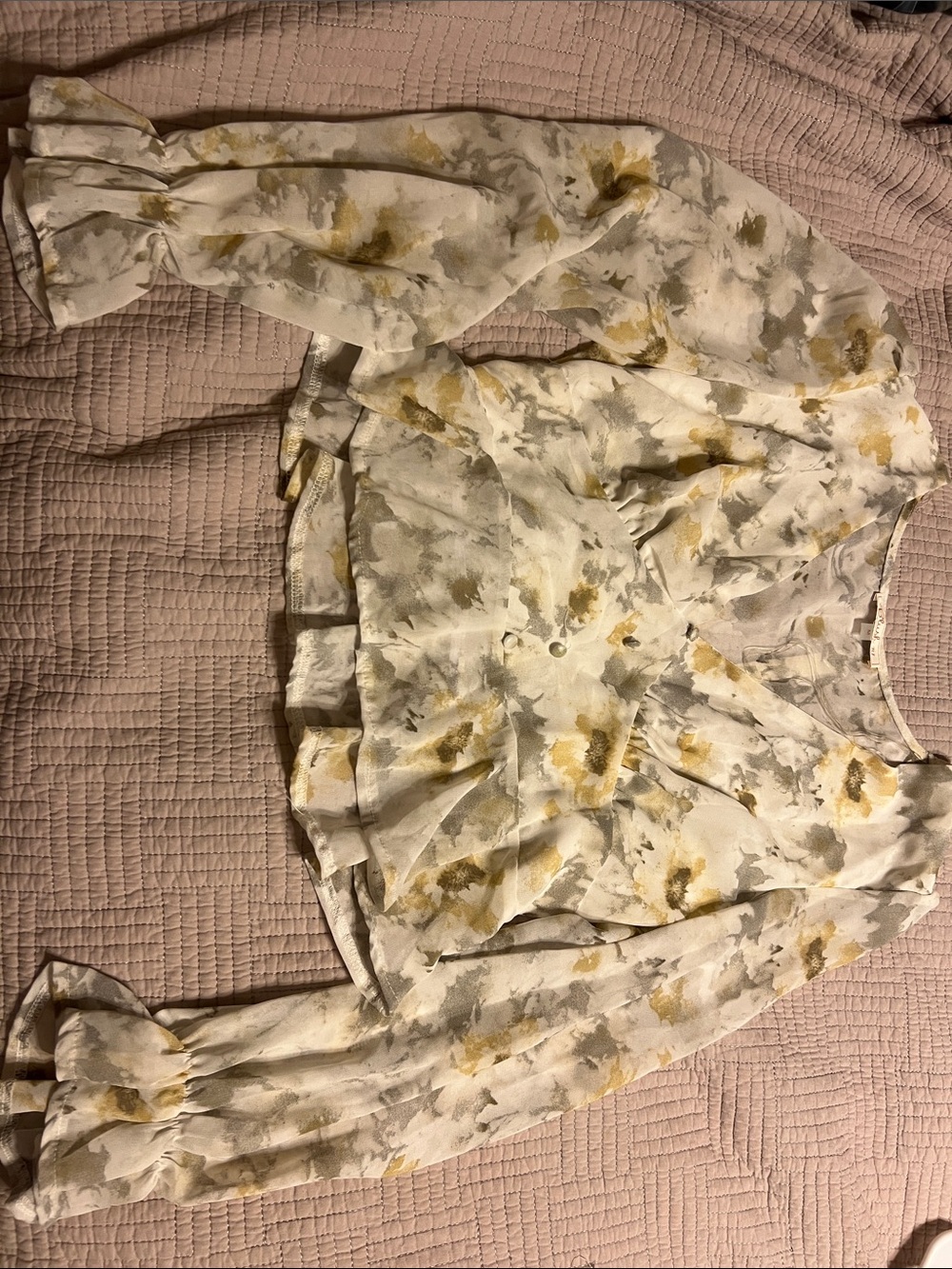 Blush Cream Floral Peplum Blouse with Yellow & Gray Accents
